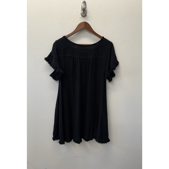 Umgee Babydoll Dress Womens Size L Black Linen Fringe Hem Beachy Boho Western - Picture 2 of 8